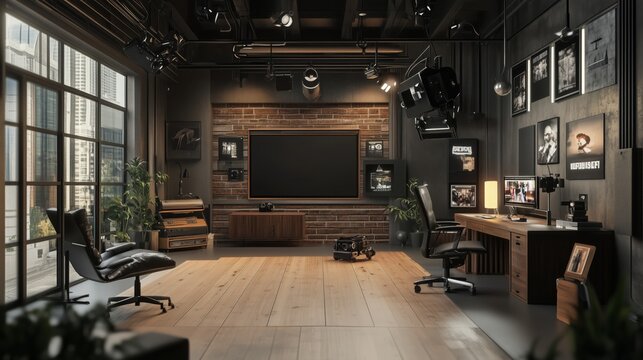 Office, virtual studio background with a movies concept. A custom 3D render backdrop, ideal for TV shows, online events, courses, product reviews etc.