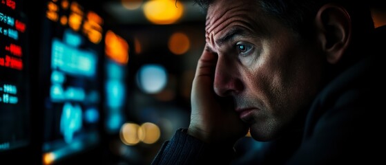 Fototapeta premium A man appears deep in thought, staring at digital screens in a dimly lit environment, conveying a sense of intensity and focus