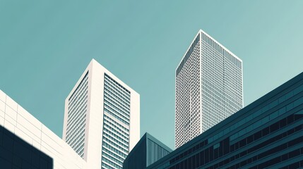 Obraz premium A low angle view of modern skyscrapers against a clear blue sky.