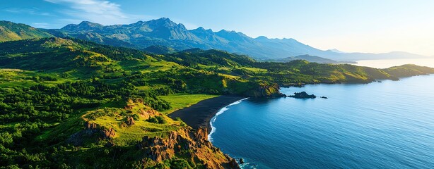 Realistic photo of a volcanic island with black sand beaches and rugged cliffs, Landscape Drone view highlighting the contrast between land and sea, dramatic and bold
