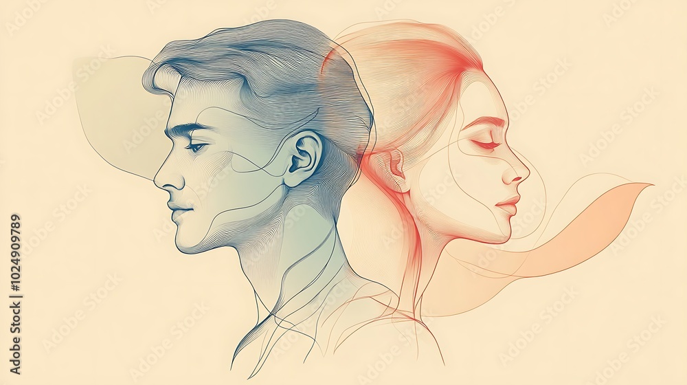 Canvas Prints Minimalist line art portrait of a man and woman back-to-back, overlapping lines forming their profiles, clean and simple composition, no shading or texture, soft pastel background for contrast,