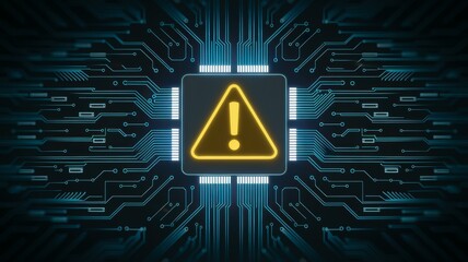 A digital illustration featuring a yellow warning triangle with an exclamation mark, set against a backdrop of circuit patterns in blue and black tones