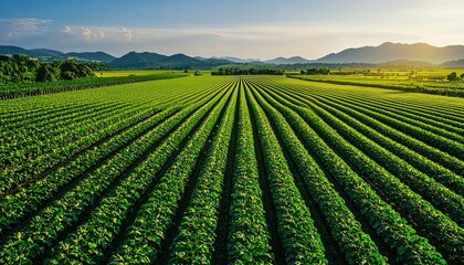 Realistic photo of an agricultural landscape with neat rows of crops, Landscape Drone view showing the patterns created by the fields and irrigation, bright and vibrant