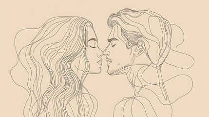 Fototapeta premium Minimalist line art portrait of a man and woman back-to-back, overlapping lines forming their profiles, clean and simple composition, no shading or texture, soft pastel background for contrast,