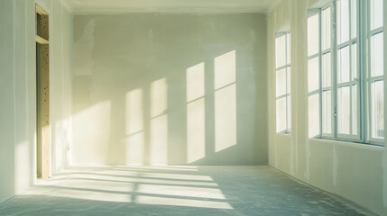 Fototapeta premium Sunlit empty room under renovation, with unfinished walls and large windows casting shadows, ready for interior finishing and design. 