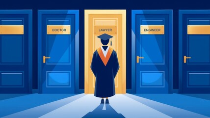 Fototapeta premium A graduate stands at a crossroads with three doors labeled Doctor, Lawyer, and Engineer, symbolizing career choices and future paths