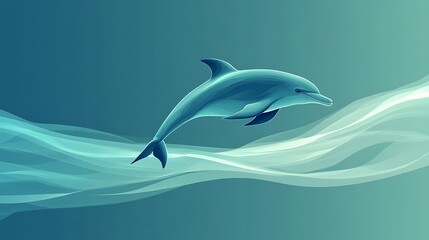 Fototapeta premium Minimalistic silhouette of a leaping dolphin, solid blue color, placed against a soft ocean gradient of teal and light blue, smooth and flowing lines, subtle shadow for added depth,