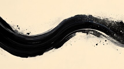 Modern Japanese ink brush stroke design with overlapping curved lines, bold black strokes of varying thickness, placed on a neutral beige background,
