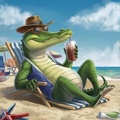 alligator wearing a hat and sunglasses is lounging on the sandy seashore,generative ai