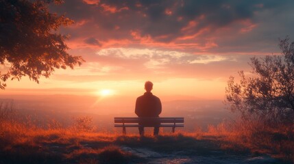 A serene sunset view over a landscape, featuring a solitary figure sitting on a bench, immersed in contemplation amidst the vibrant colors of dusk