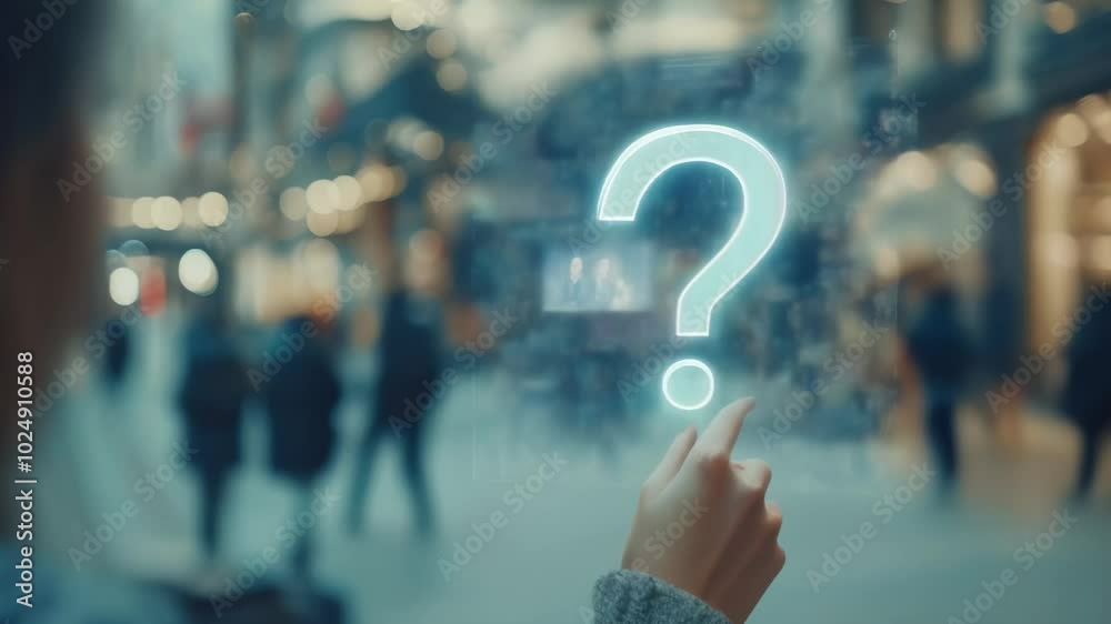 Poster Businesswoman is touching a holographic projection of a question mark while standing in a busy city center. The image evokes concepts such as frequently asked questions and problem solving