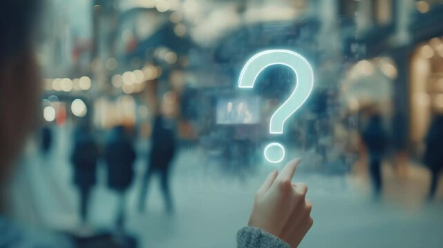 Businesswoman is touching a holographic projection of a question mark while standing in a busy city center. The image evokes concepts such as frequently asked questions and problem solving