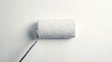 Obraz premium Close-up of a paint roller applying light gray paint to a smooth wall, showing a clean and even coat during a home improvement project. 