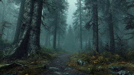 Obraz premium A dirt path winds through a dense, misty forest, the tall trees creating an ethereal and mysterious atmosphere.