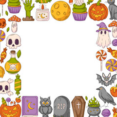 Halloween vector square poster, space for text in the middle. Colorful frame with spooky, scary icons from pumpkin, ghost, skull and bones. For card, banner, invitation, social media, party or note