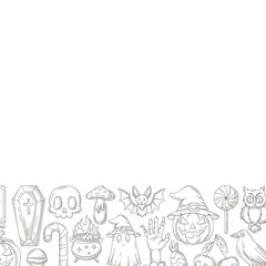 Halloween minimalist vector square poster, space for text. Bottom frame with spooky, scary gray icons from skull, ghost, pumpkin, bat. For card, banner, invitation, social media, party or note