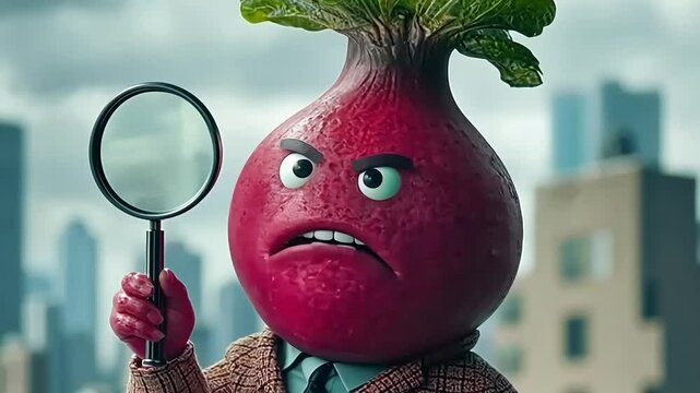 Angry beetroot character with clenched fists and a frustrated expression
