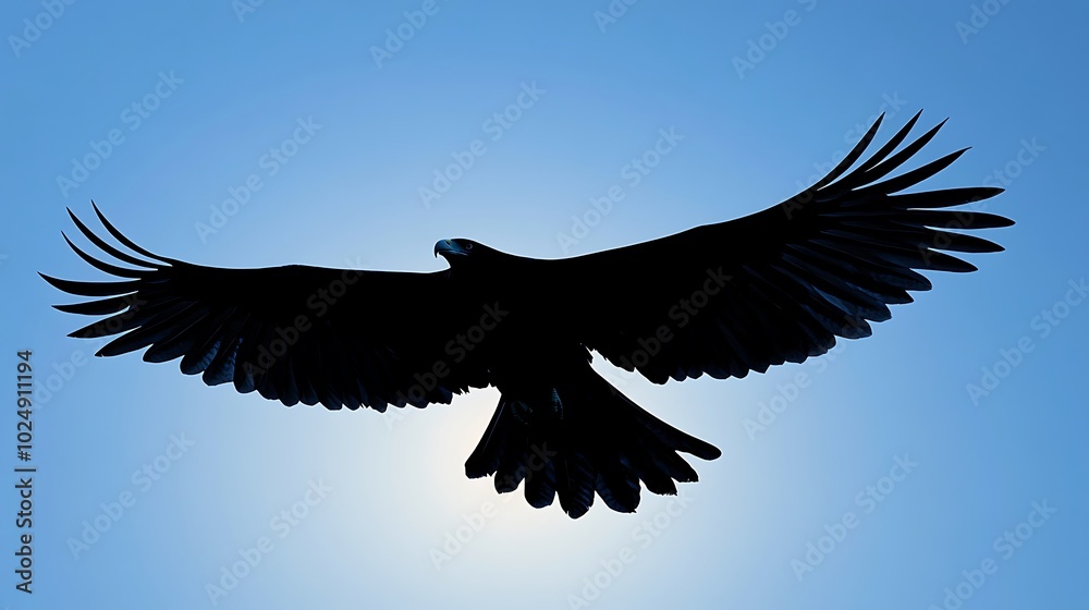 Sticker Silhouette of a flying eagle, wings spread wide, solid dark brown against a soft sky-blue gradient background, dynamic pose with sharp lines, clean and minimalistic design,