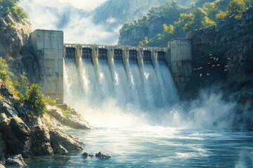 Majestic Dam Cascading Water in Mountain Landscape