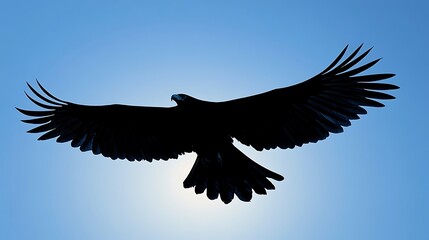 Obraz premium Silhouette of a flying eagle, wings spread wide, solid dark brown against a soft sky-blue gradient background, dynamic pose with sharp lines, clean and minimalistic design,