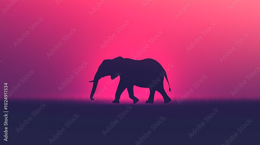 Canvas Prints Silhouette of an elephant walking, solid dark gray color, soft gradient background of pink and purple hues, gentle curves and simple shapes, subtle shadow for depth, calm and gentle pose,