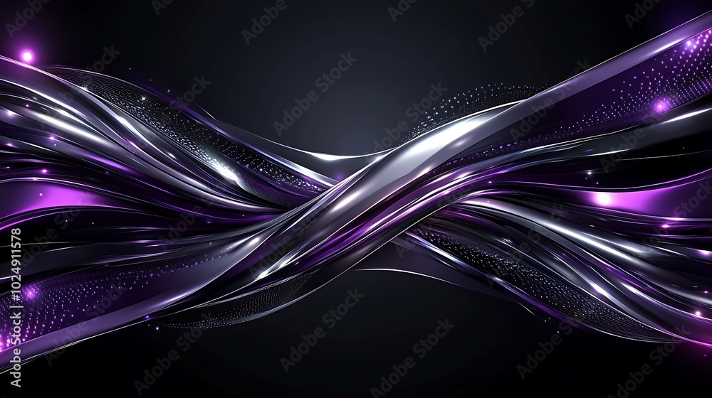 Wall mural Stylized geometric vector art with interlacing polygons and curved lines, metallic silver and deep purple colors, creating an elegant pattern, glowing neon accents,