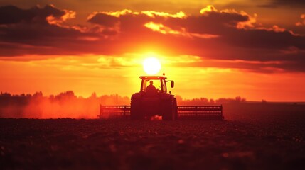 Fototapeta premium A farmer drives a tractor across a field at sunset. The silhouette of the tractor and the farmer are backlit by the sun.