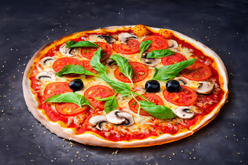 Tasty and beautiful Italian pizza with tomato basil olives mushrooms on black table . Generative AI