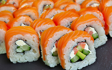 Sushi roll composition with salmon, rice and avocado Generative AI