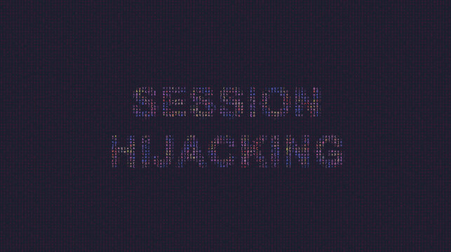 Cybersecurity concept session hijacking on foreground screen, ASCII style in a code development editor. Vulnerability and attack on colored code editor. Text in English, English text