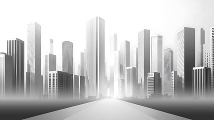 Fototapeta premium Foggy Cityscape with Road Leading to Skyscrapers Urban Architecture Modern Design