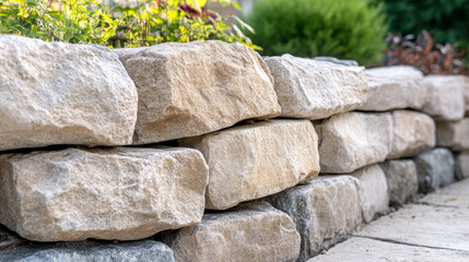 A sturdy stone retaining wall in a landscaped garden, featuring a variety of natural stones with greenery growing at the top.

