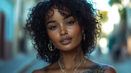 A woman with a tattoo on her arm and a necklace around her neck