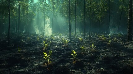Obraz premium A regenerating forest with seedlings sprouting vividly against the scorched earth, captured in dramatic lighting and a highly detailed, realistic style.