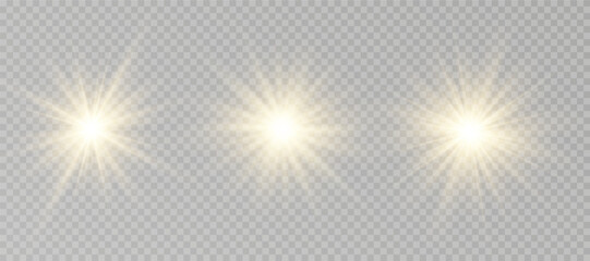 Yellow glowing light explodes on a transparent background. Sparkling magical dust particles. Bright Star. Transparent shining sun, bright flash. Vector sparkles.