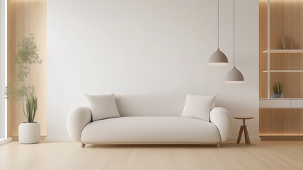 Minimalist Living Room Interior with Beige Sofa and Natural Decor