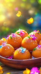 Indian sweet gulab jamun y dough balls deep-fried and soaked in sugar syrup flavored with rosewater or cardamom. sugar syrup flavored with rosewater or cardamom. Diwali, Ugadi, Holi