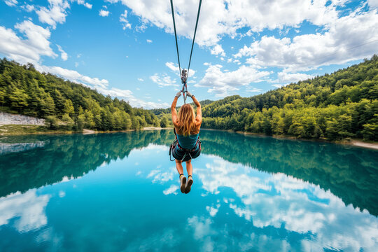 An adventurous woman mid-flight on a zip-line over a crystal-clear lake with reflections of the sky.
