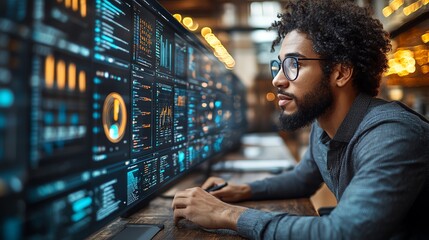 A focused man in glasses analyzes data on multiple computer screens in a modern office setting.