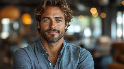 Obraz premium A handsome man with a beard and wavy hair smiles at the camera in a cafe.