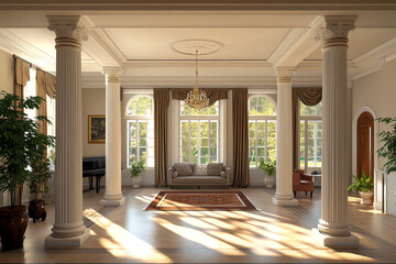 A countrystyle house with a front porch swing and potted flowers hanging from the beams