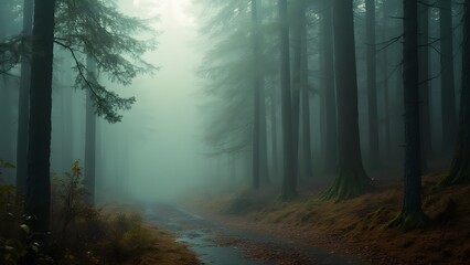 Fototapeta premium Mystical Forest Path: A Foggy Woodland Trail Leading to a Hidden Gate, Enveloped in an Eerie and Enchanting Atmosphere