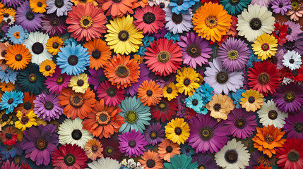 A vibrant display of colorful flowers arranged artistically on a decorative wall