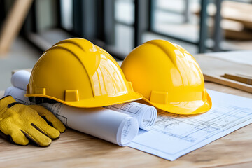 Two yellow hard hats rest on a table with rolled-up blueprints and a pair of gloves, symbolizing construction and planning.