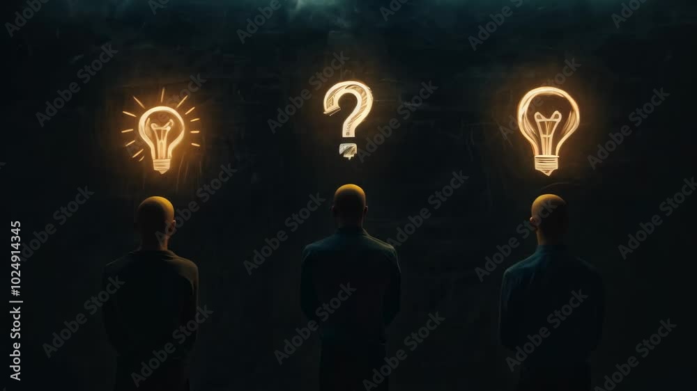 Poster three businessmen standing in front of a blackboard with light bulbs drawn above their heads, one of