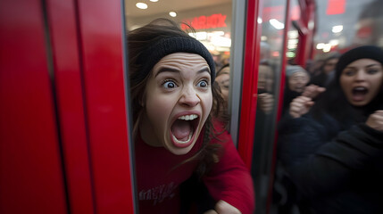 Excited crowd rushing through doors, expressing intense enthusiasm.