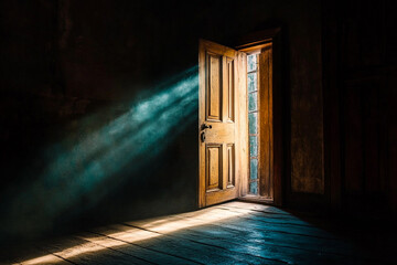 Obraz premium Open Door Illuminating a Dark Room: A Powerful Metaphor for Hope, Opportunity, and Overcoming Adversity
