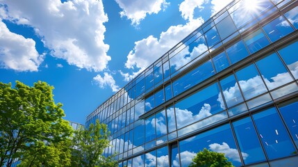 Fototapeta premium Contemporary Office Building Featuring Glass Facade Against a Clear Blue Sky