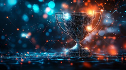 Digital Trophy Award on Futuristic Background. Innovation, Success, Achievement Concept