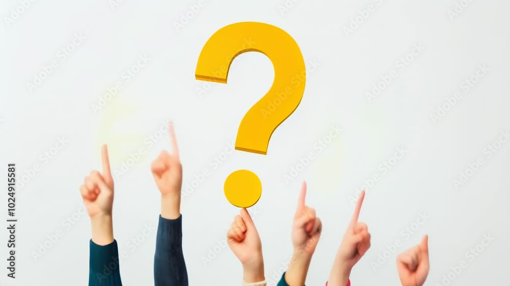 Poster Diverse hands point to a question mark, symbolizing a shared search for answers. Raised in curiosity, they reflect teamwork and brainstorming. White background offers space for text or design